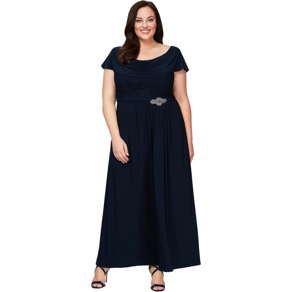Alex Evenings Navy Maxi Gown with Jeweled Waist Accent